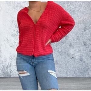 Liz Claiborne Cardigan Sweater Loose‎ Knit 3/4 sleeve Cotton Small Coral S